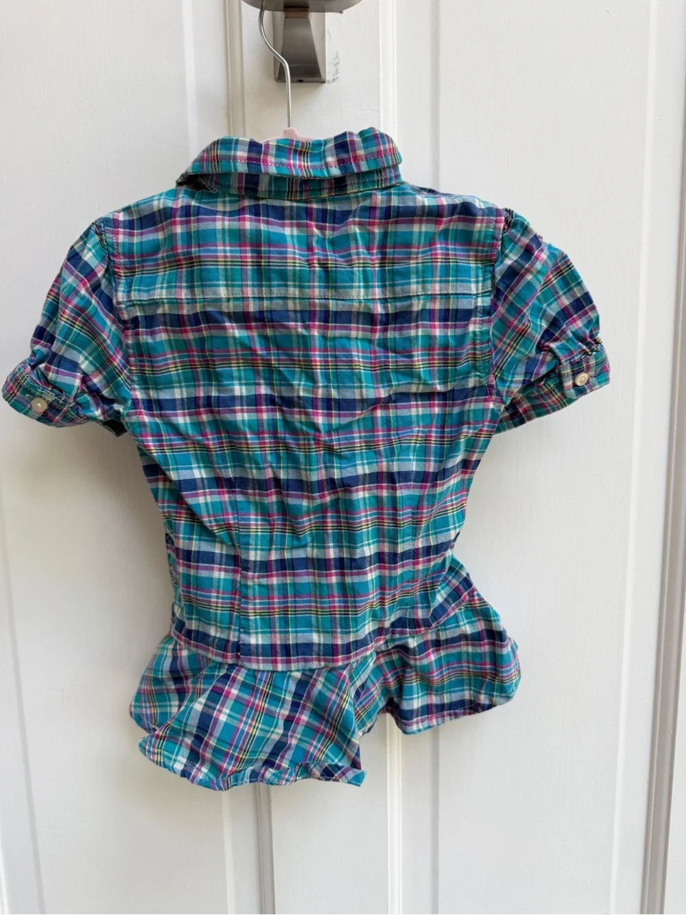 Ralph Lauren Girl 5 Blue Pink Plaid Ruffle Button Down Formal Short Sleeve Shirt
